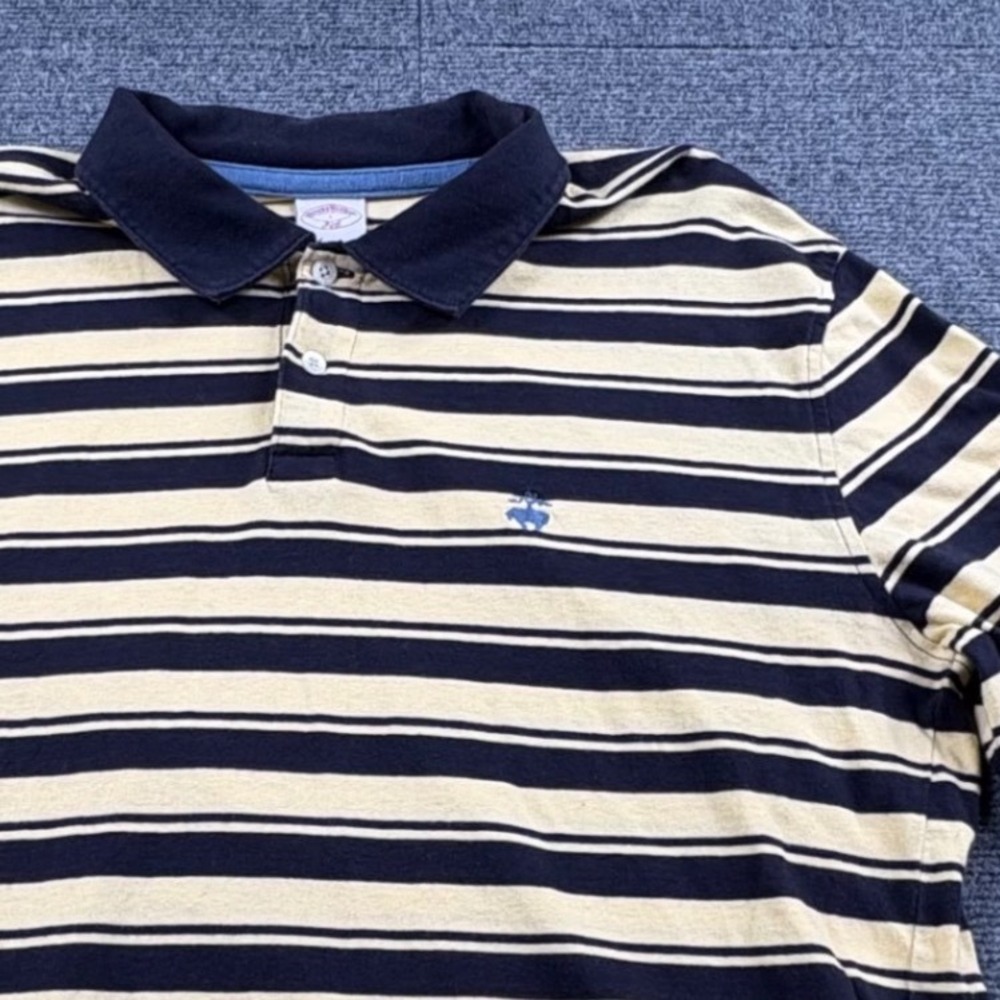 Brooks Brothers 346 Mens Large Long Sleeve Striped Polo Shirt Navy Yellow Cotton